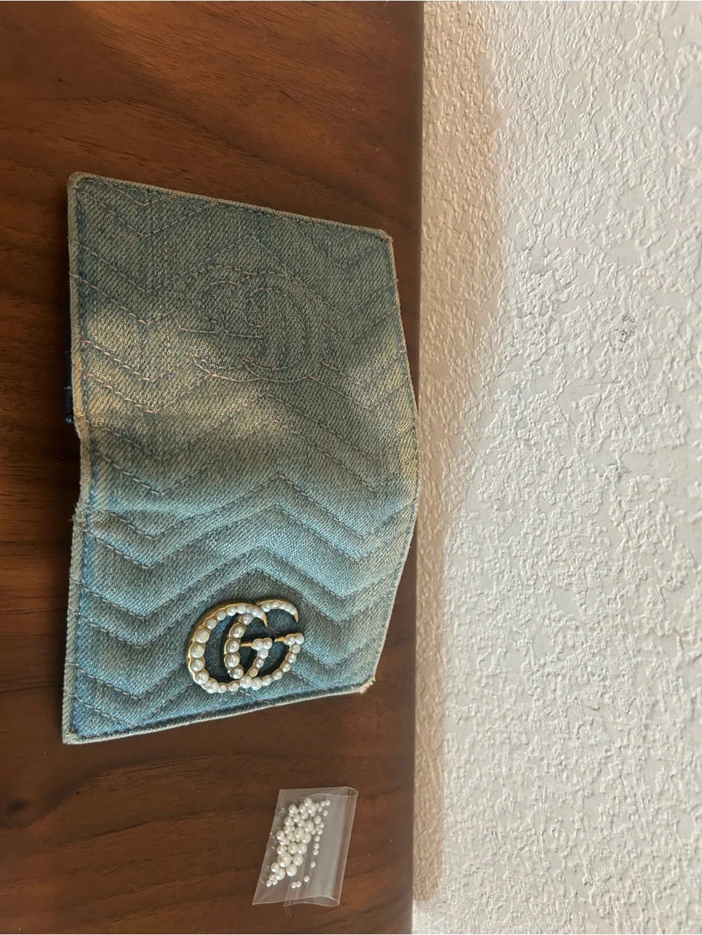 Gucci Denim Wallet with Pearl Double G - Light Blue